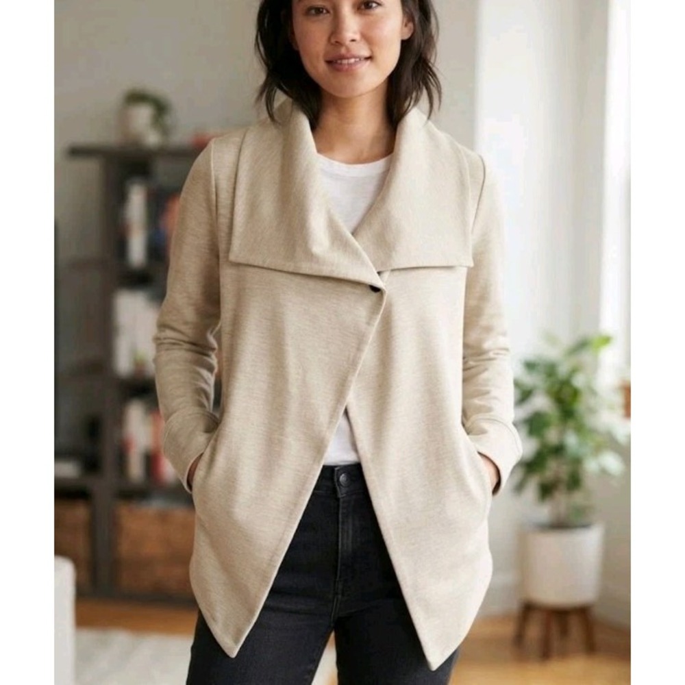 Kensie Women Cardigan Jacket XS Beige Asymmetric Drape Collar Open Front Pockets
